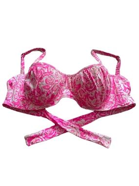 Coco Rave Pink & White Rose Bikini Top w Tieback & Formed Chest 38DD/XL